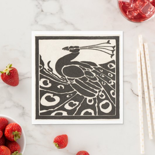 SERVIETTE EN PAPIER ÉLÉGANT PEACOCK BLANC NOIR (En situation)