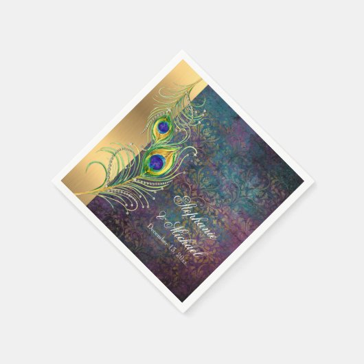 Serviette En Papier Elégant Peacock Feathers Bijoux Scrolls Mariage (Coin)