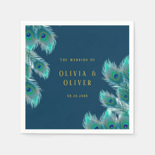 Serviette En Papier Elégant Peacock Feathers et Mariage Or