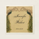 Serviette En Papier Élégant Peacock Posh Mariage Napkin Vintage<br><div class="desc">Ce magnifique et élégant design, appelé Elegant Vintage Peacock Posh Mariage, a un beau design d'inspiration Vintage. L'arrière - plan est un motif vintage crémeux en ivoire avec des motifs de défilement en haut et en bas. De part et d'autre, il y a deux paons peints. Parfait pour un style...</div>