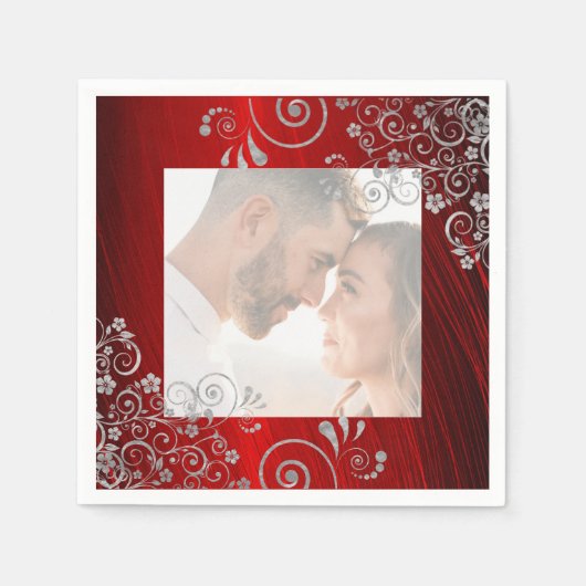 Serviette En Papier Élégant photo Ruby Red Grey Mariage (Devant)