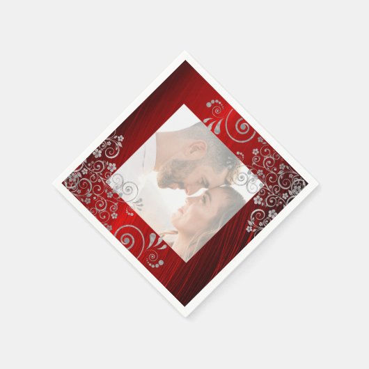 Serviette En Papier Élégant photo Ruby Red Grey Mariage (Coin)