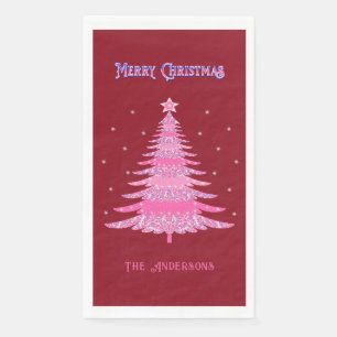 Serviette En Papier Élégant Pink Christmas Tree Nom personnalisé Rouge