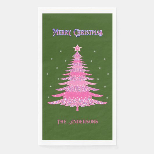 Serviette En Papier Élégant Pink Christmas Tree Nom personnalisé Vert (Devant)