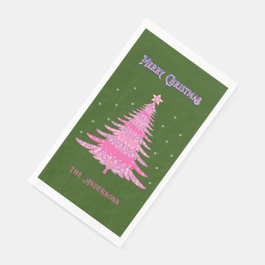 Serviette En Papier Élégant Pink Christmas Tree Nom personnalisé Vert (Coin)