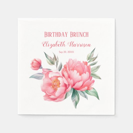 Serviette En Papier Elégant Pink Peony Botanical Anniversaire Brunch (Devant)