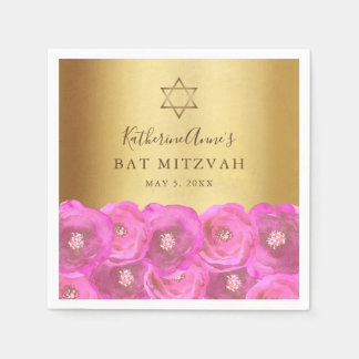 Serviette En Papier Elegant Pink Rose Floral Gold Bat Mitzvah