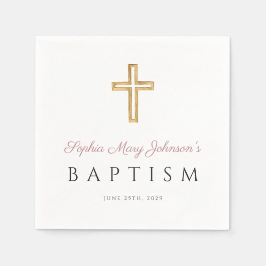 Serviette En Papier Élégant Pink Script Religieux Croix Girl Baptême (Devant)