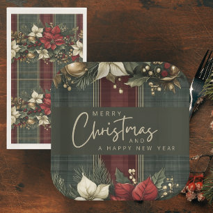 Serviette En Papier Élégant Plaid & Poinsettias Noël