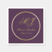 Serviette En Papier Élégant Plum violet or Monogramme Mariage de scrip (Devant)