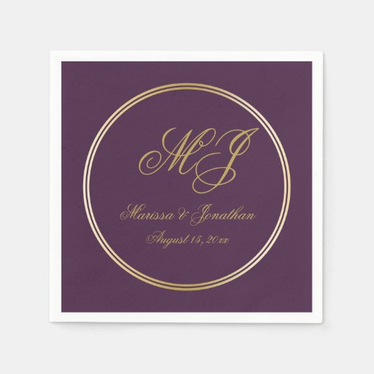 Serviette En Papier Élégant Plum violet or Monogramme Mariage de scrip (Devant)