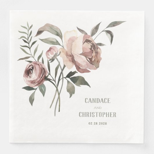 Serviette En Papier Élégant Ranunculus Teinté de Rose et Rose Ancienne (Devant)