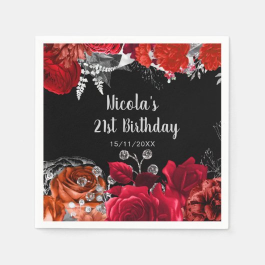 Serviette En Papier Elegant Red and Silver Flowers Birthday Party (Devant)