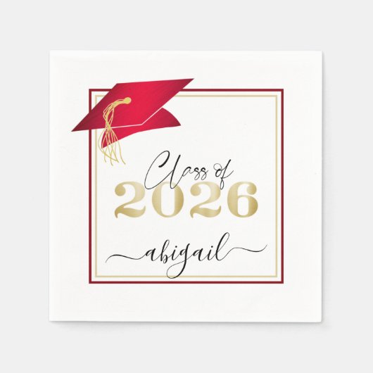 Serviette En Papier Élégant Red Graduation Cap métal Gold Script (Devant)