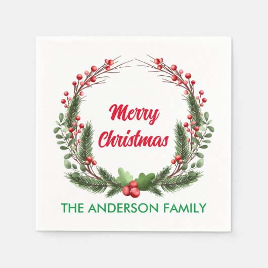 Serviette En Papier Élégant Red Holly Berry Noël de famille (Devant)