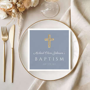 Serviette En Papier Elegant Religious Cross Dusty Blue Boy Baptism