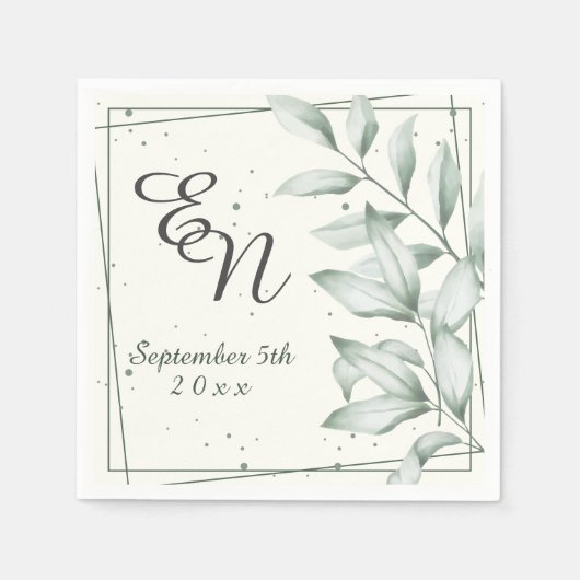 Serviette En Papier Élégant romantique Monogramme Vert Feuille Mariage (Devant)