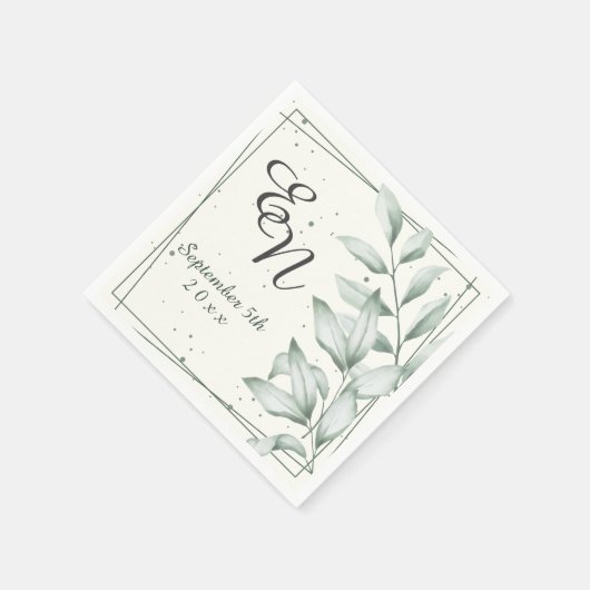 Serviette En Papier Élégant romantique Monogramme Vert Feuille Mariage (Coin)