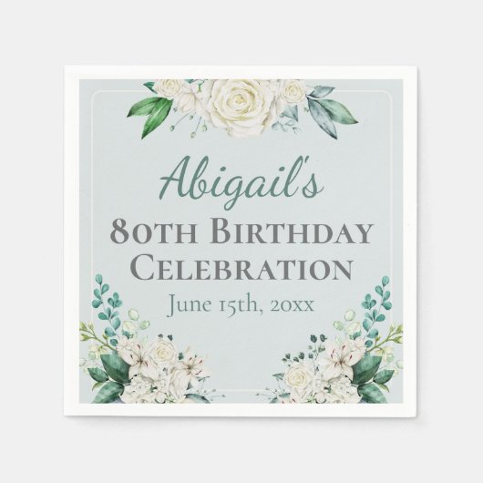 Serviette En Papier Elégant Rose blanche Floral 80e anniversaire n'imp (Devant)