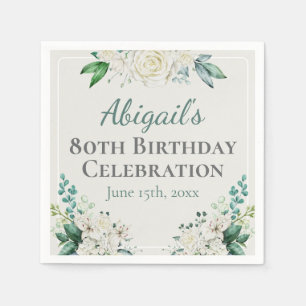 Serviette En Papier Elégant Rose blanche Floral 80e anniversaire n'imp
