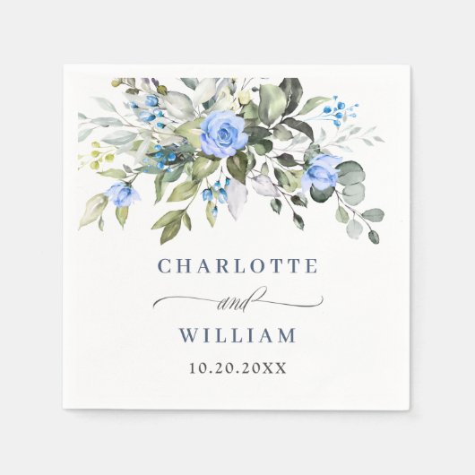 Serviette En Papier Elégant Rose bleu Eucalyptus Mariage floral (Devant)