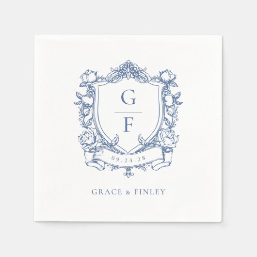 Serviette En Papier Élégant Rose Bleu Monogram Crest Mariage (Devant)