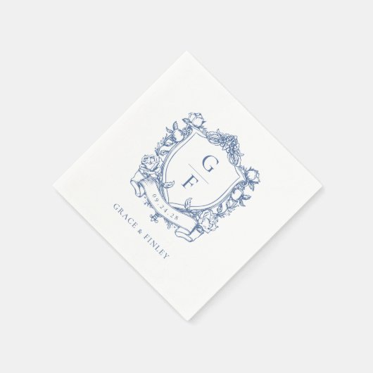 Serviette En Papier Élégant Rose Bleu Monogram Crest Mariage (Coin)