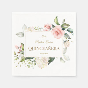 Serviette En Papier Elégant rose Blush Fleurs blanches or Quinceañera