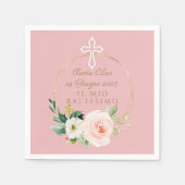 Serviette En Papier Élégant rose Blush Floral Blanc Croix Baptême (Devant)
