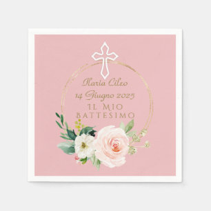 Serviette En Papier Élégant rose Blush Floral Blanc Croix Baptême