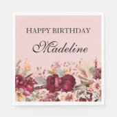 Serviette En Papier Elégant rose Bourgogne Floral Joyeux Anniversaire (Devant)