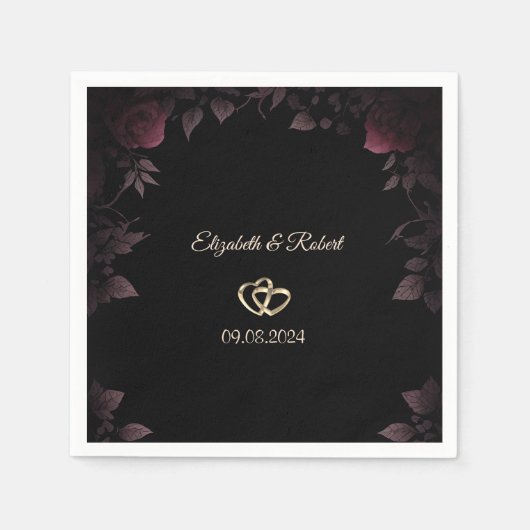 Serviette En Papier Élégant Rose de Bourgogne noire Mariage (Devant)