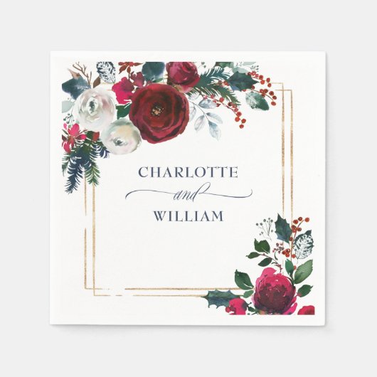 Serviette En Papier Élégant Rose d'hiver de Bourgogne Mariage de feuil (Devant)