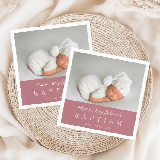 Serviette En Papier Élégant rose Dusty Script Photo Baptême