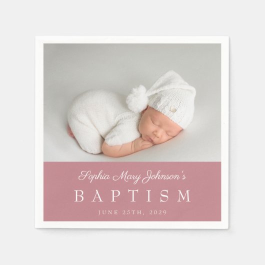 Serviette En Papier Élégant rose Dusty Script Photo Baptême (Devant)