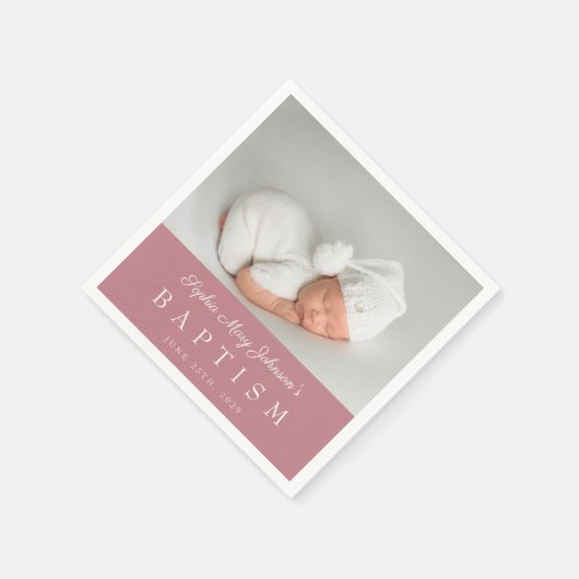 Serviette En Papier Élégant rose Dusty Script Photo Baptême (Coin)