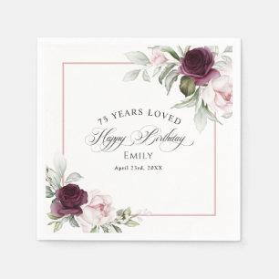 Serviette En Papier Elégant rose et bordeaux Floral 75e anniversaire