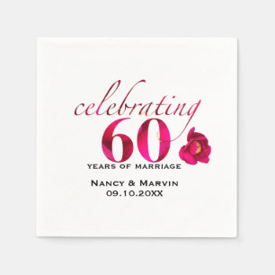 Serviette En Papier Élégant rose floral 60e Anniversaire nom date