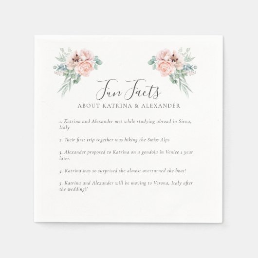 Serviette En Papier Élégant rose floral gris & blanc Fun Facts Mariage (Devant)
