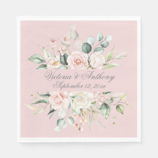 Serviette En Papier Élégant rose Floral Script Nom Mariage Napkins (Devant)