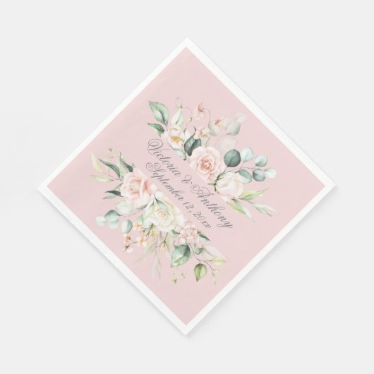 Serviette En Papier Élégant rose Floral Script Nom Mariage Napkins (Coin)
