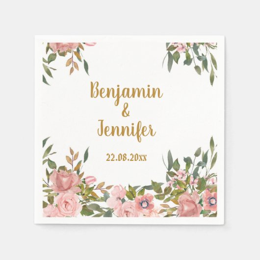 Serviette En Papier Élégant rose floral verdure et Mariage or (Devant)