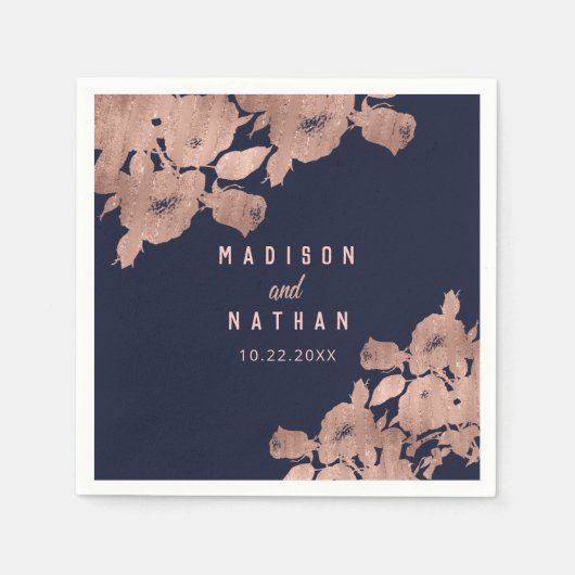 Serviette En Papier Elégant Rose Gold et Marine Floral Mariage (Devant)