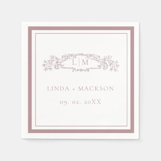 Serviette En Papier Élégant Rose mariage de monogramme de crête botani (Devant)