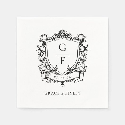 Serviette En Papier Élégant Rose Monogram Crest Mariage (Devant)