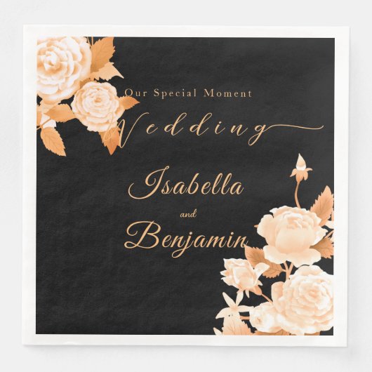 Serviette En Papier Élégant Rose or Mariage noir (Devant)
