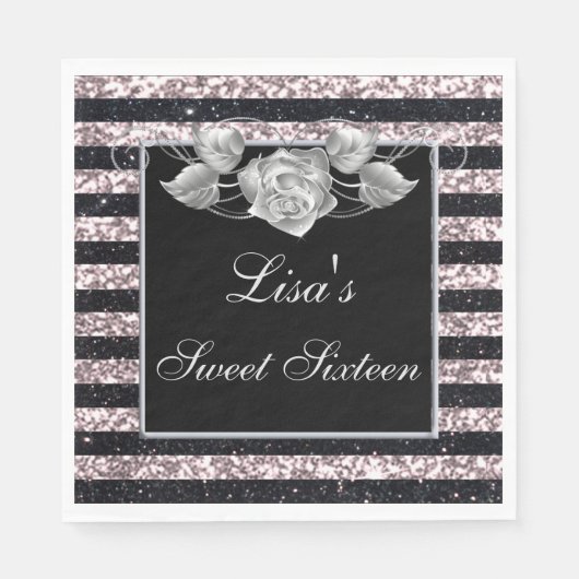Serviette En Papier Elégant rose Parties scintillant noire Rose argent (Devant)