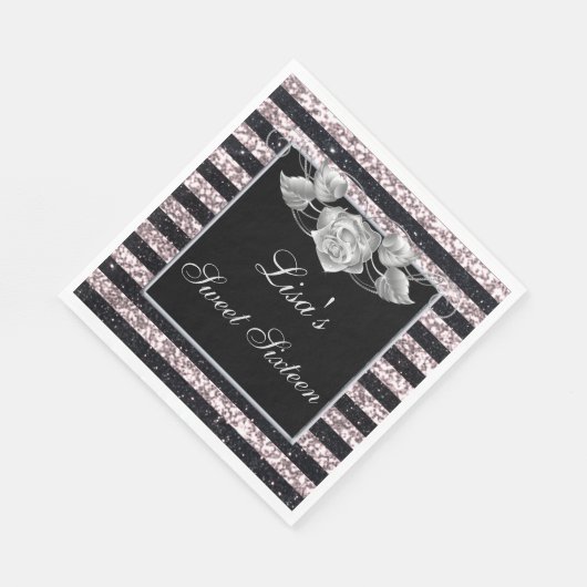Serviette En Papier Elégant rose Parties scintillant noire Rose argent (Coin)