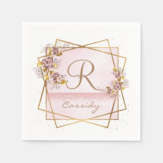 Serviette En Papier Élégant Rose Parties scintillant or Rose Monogramm (Devant)
