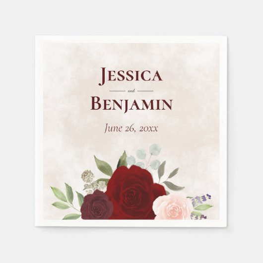 Serviette En Papier Elégant Rose rouge et bordeaux Aquarelle Mariage (Devant)